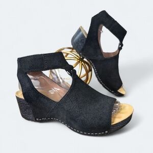 Dansko Taylin Black Suede Open-Toe Wedge Sandals - Women Size 37